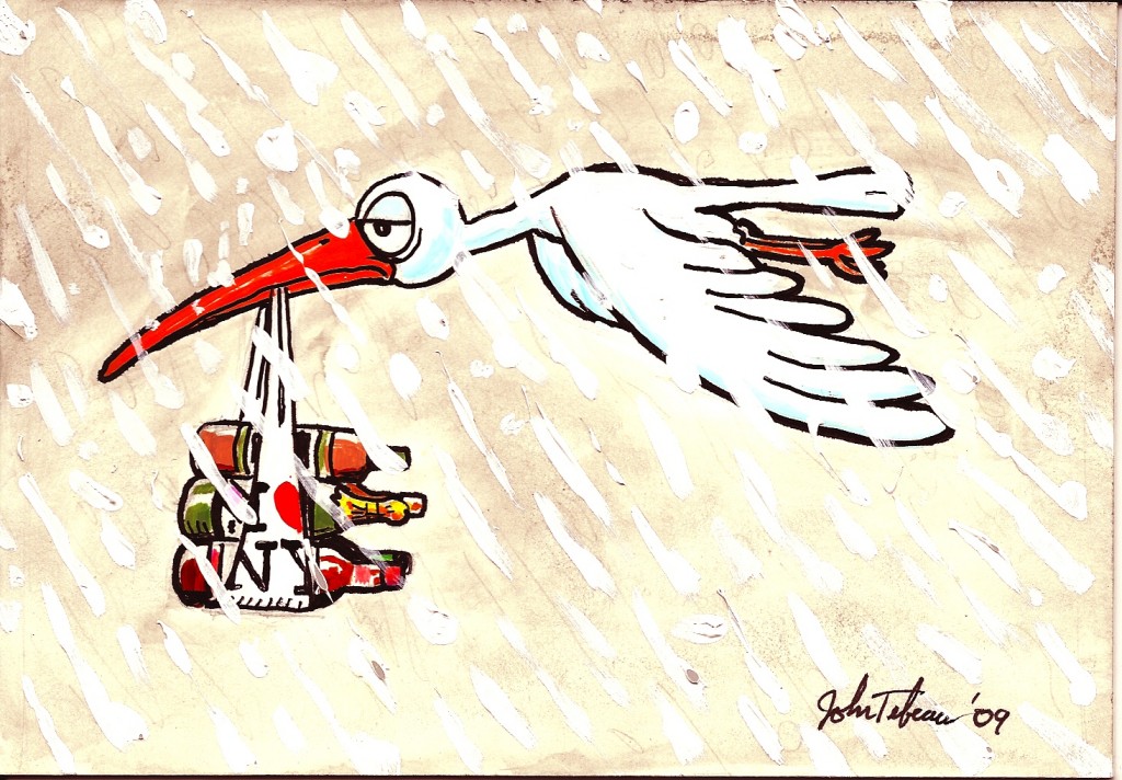 Day Five’s Bird (of 30): “Stork Delivering to Holiday Party in Sleet Storm”