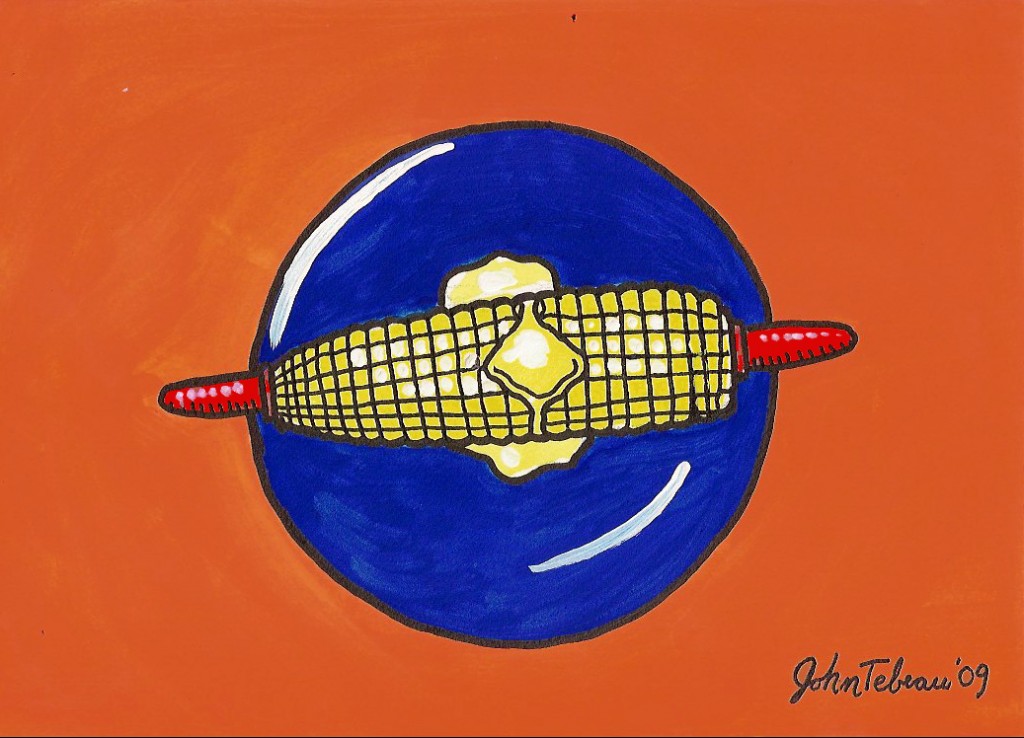 Corn on Blue Plate with Red Grippers: Day 20 of 30 Paintings in 30 Days (SOLD)