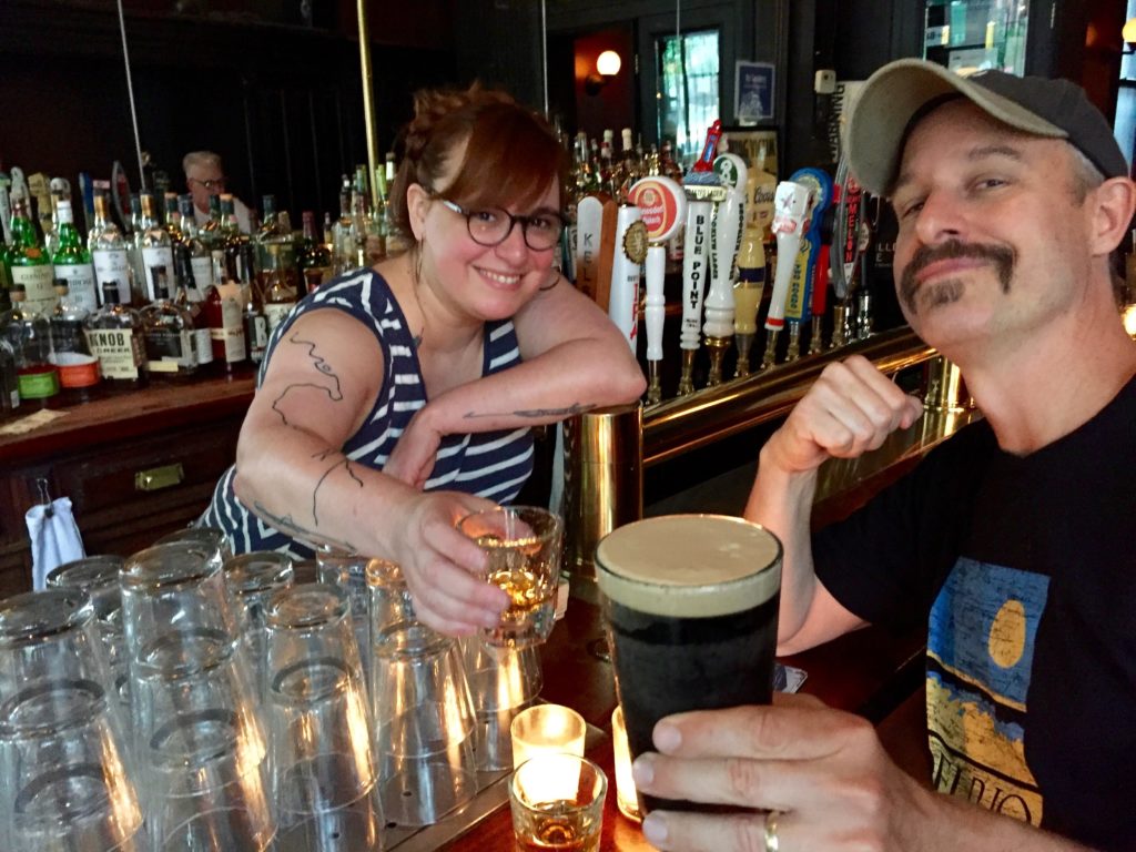 With Bartender Heather Clinton (and a fresh, frosty Guinness) at the Brooklyn Inn, upon hitting my first book deadline.